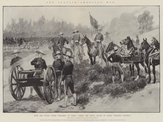 Der Spanisch-Amerikanische Krieg, mit der Artillerie der Vereinigten Staaten in Tampa, die den königlichen Salut am Geburtstag von Königin Victoria abfeuert